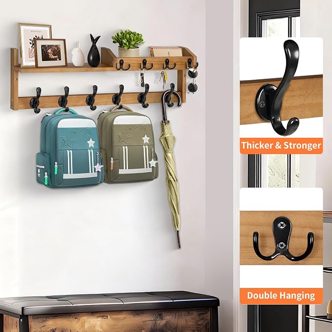 Coat Rack Wall Mount with Shelf, 27.5" Entryway Wall Hanging Shelf, Coat and Key Hanger with 10 Dual Hooks, Mail Organizer and Key Holder Hat Rack for Wall, Wood Coat Hooks with Storage - Image 4