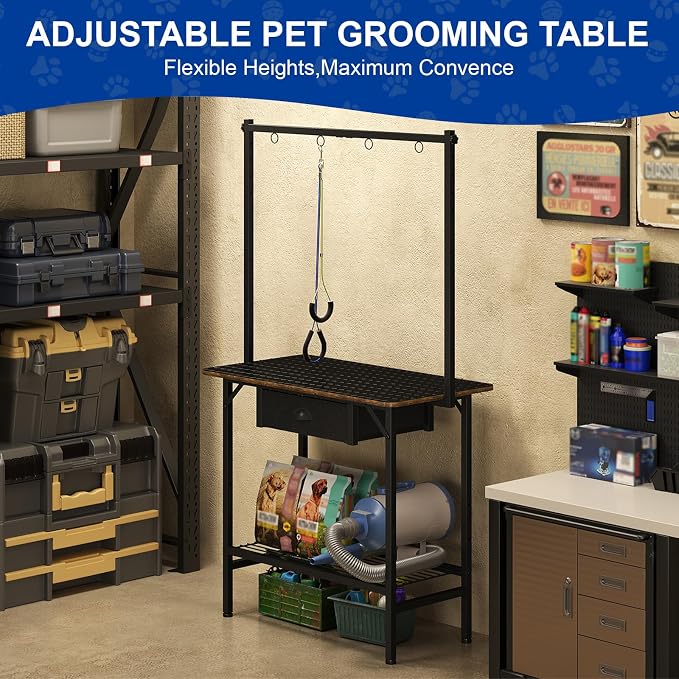 32 Inch Adjustable Dog Grooming Table with Drawer & Non-slip Removable Mat | Pet Grooming Table with Mesh Tray & EVA Protective Lanyard,Professional Grooming Table for small Dogs at Home - Image 7