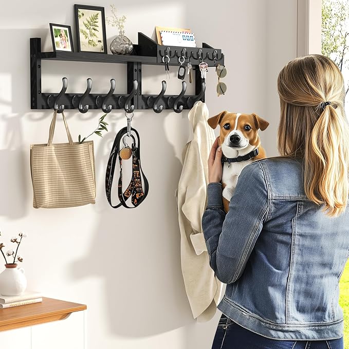 Evermagin 29" Coat Rack Wall Mount with Shelf & 11 Hooks, Entryway, Black | 4-in-1: coat hooks, key hanger, mail holder & display shelf. Pine wood. For bedroom, hallway, mudroom, livingroom - Image 5