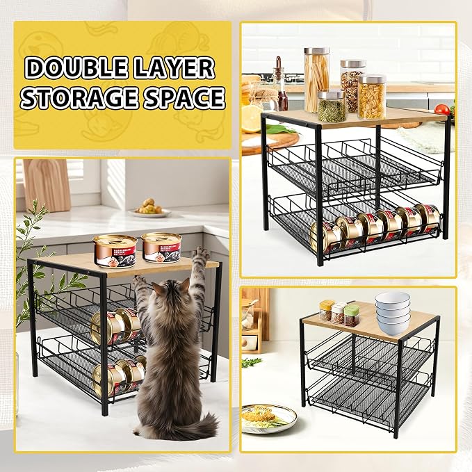 Bamboo & Iron Cat Food Organizer for Pantry, 2-Tier Can Stackable Storage Rack Holds 48 (3oz) Cans, Flat Top for Extra Storage, Automatic Slide-Down Perfect for Pet Food Cans - Image 4