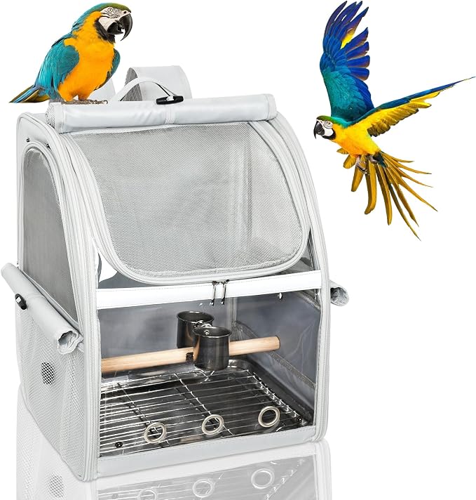 Bird Carrier Bag, Bird Travel Cage with Standing Perch and Indestructible Stainless Steel Mesh, Protable Transparent Breathable Carrier with Feeder Cups for Small Birds Parrot Parakeet, Grey by GREGCE
