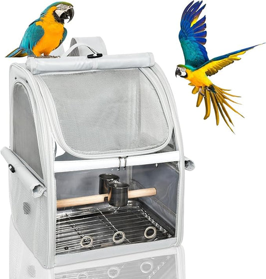 Bird Carrier Bag, Bird Travel Cage with Standing Perch and Indestructible Stainless Steel Mesh, Protable Transparent Breathable Carrier with Feeder Cups for Small Birds Parrot Parakeet, Grey by GREGCE