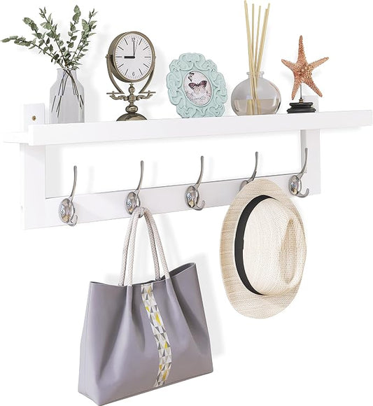 SMIBUY Coat Hooks with Shelf Wall-Mounted, 29.2 Inch Entryway Coat Rack for Wall, Bamboo Hanging Shelf with 5 Double Metal Hooks for Bathroom, Bedroom, Kitchen, Living Room, Mudroom (White) by SMIBUY