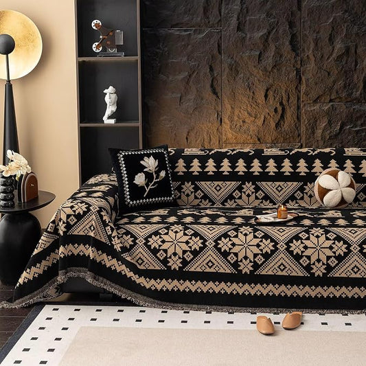 VClife Boho Couch Cover for Sofa, Anti Slip Chenille Sofa Cover for Sectional Sofa - 1 Piece Black Khaki Geometry Jacquard Sofa Slipcover, Pet-Friendly Couch Cushion Cover with Tassel 71"x 134" by VCLIFE