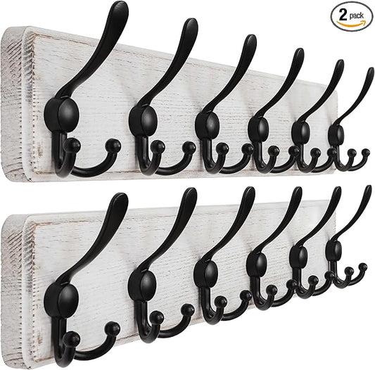 Dseap Coat Rack Wall Mounted - 24" Long 6 Tri Hooks, Heavy Duty Wooden Wall Coat Hanger Coat Hook for Clothes Hat Jacket Clothing, White and Black, Pack of 2 by Dseap