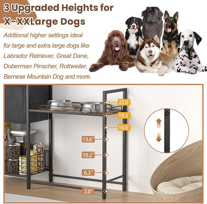 Lomivra Elevated Dog Bowls Stand for X-Large & Large Breed, 7 Adjustable Heights from 2"-22" Raised Dog Feeding Station with Toy Bin Basket, Lifted Dogs Food Bowl Holder Cabinet Pet Storage Organizer - Image 2