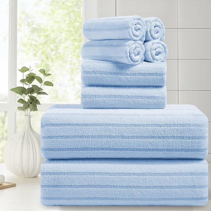 Mistyrose Blue Bath Towels - 8 Pack Large Absorbent Microfiber Set - 2 Oversized Bath Sheets, 2 Hand Towels, 4 Washcloths for Family, Hotel, Spa, Gym by Mistyrose