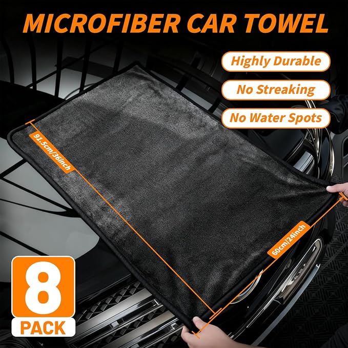 8 Pack Microfiber Car Towels, 36" x 24" Microfiber Cleaning Cloth, 600 GSM | Extra-Large, Thick Highly Absorbent for Quick Drying, Scratch-Free Detailing, Buffing, Polishing, Waxing Cars, Trucks, SUV - Image 3