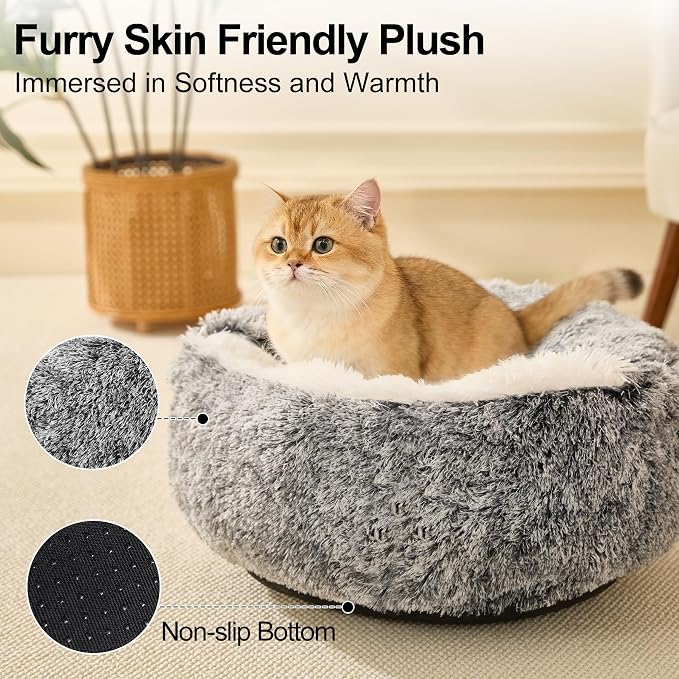 MADDEMCUTE Calming Dog & Cat Cave Bed With Hooded Cover, Removable Washable Round for Small Medium Pets, Anti-Slip Faux Fur Fluffy Coved for Improved Sleep, Fits up to 15/25 lbs (Grey, S) - Image 2