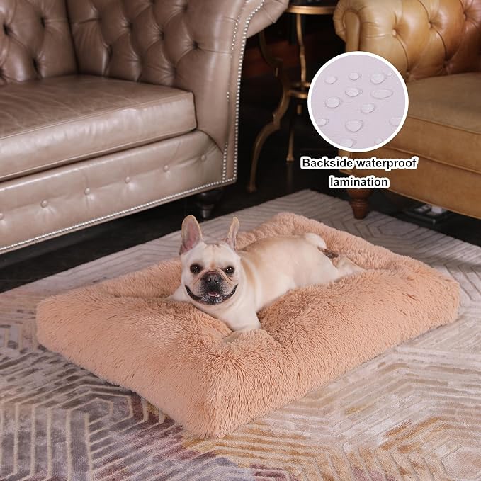 Bedfolks Plush Waterproof Dog Crate Bed, Removable Washable Cover, Faux Fur Pad for Medium Dogs, 29"x21", Camel - Image 2