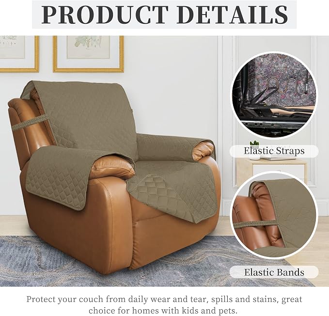 ISSUNTEX Double Protection 100% Waterproof Recliner Covers for Living Room, Reversible Furniture Protector Recliner Couch Sofa Slipcover for Dogs, Pets, Kids (Oversized Recliner, Beige/Beige) - Image 5