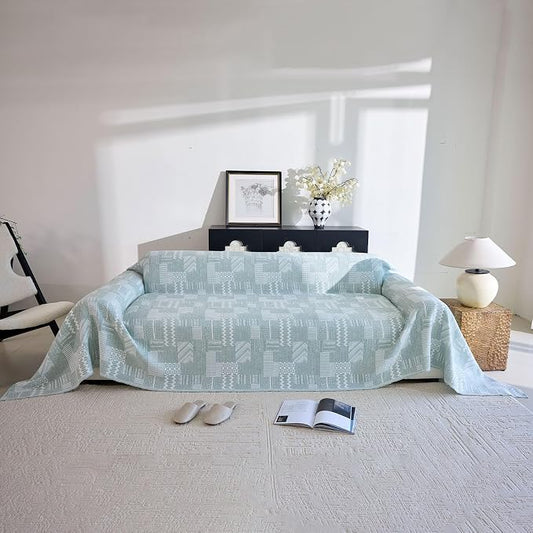 DREAMINGO Vintage Patchwork 3-Layer Gauze Geometric Jacquard Sofa Cover, Farmhouse Couch Cover Blanket for 3 Seater, Living Room Washable Furniture Protector, Mint Green, 91"x150" by DREAMINGO