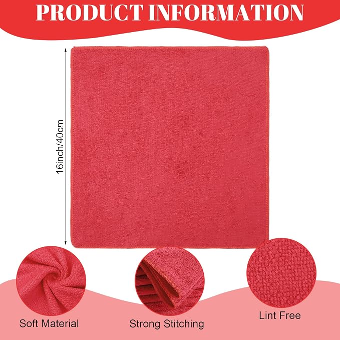 Nuenen 60 Pcs Microfiber Cleaning Cloths for Cars 16 x 16 Inch Ultra Absorbent Car Towels Drying Reusable Cleaning Supplies House Kitchen Window Microfiber Towel (Red) - Image 3