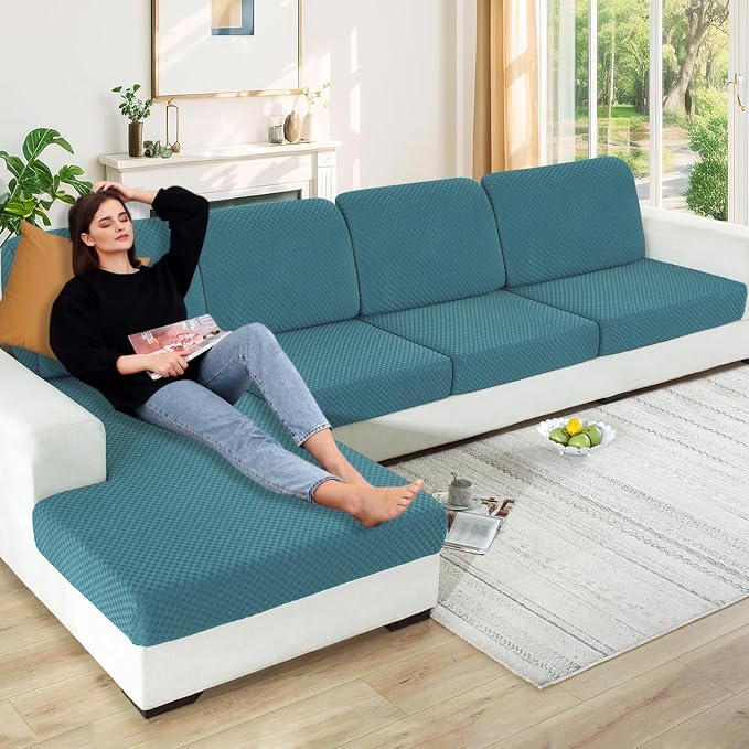 【Clearance】 Stretch Individual Cushion Covers Sofa Seat Cushion Slipcovers Soft Couch Cover Replacement Large Checkered Furniture Protector with Elastic Bottom (3 Pcs Cushion Cover, Peacock Blue) by YEMYHOM