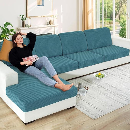 【Clearance】 Stretch Individual Cushion Covers Sofa Seat Cushion Slipcovers Soft Couch Cover Replacement Large Checkered Furniture Protector with Elastic Bottom (3 Pcs Cushion Cover, Peacock Blue) by YEMYHOM