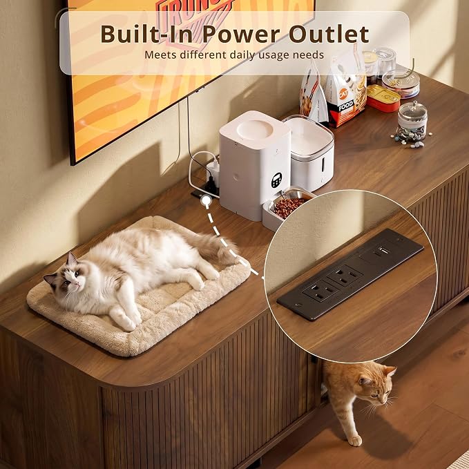 IRONCK 60" Double Cat Litter Box Enclosure with Power Outlet | Sliding tambour door. Built-in power outlet. 60" TV stand top. Walnut finish with 4.3" raised base. - Image 3