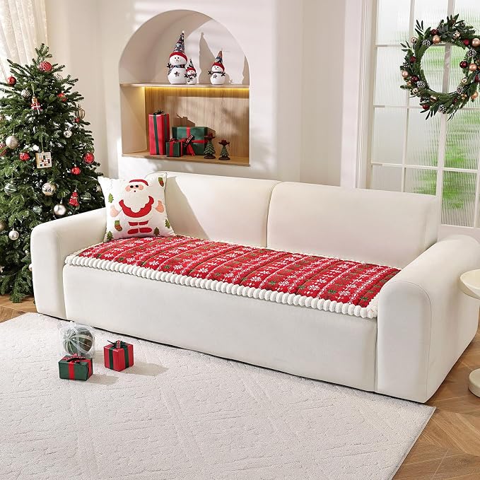 VClife Fuzzy Anti-Slip Dog Couch Cover for Christmas, Red, 27.6 x 82.7 | Soft Thick Couch Covers for 3 Cushion Couch Sofa Pet Friendly, Scratch Resistant Sofa Cover Washable Dog Furniture Protector - Image 3
