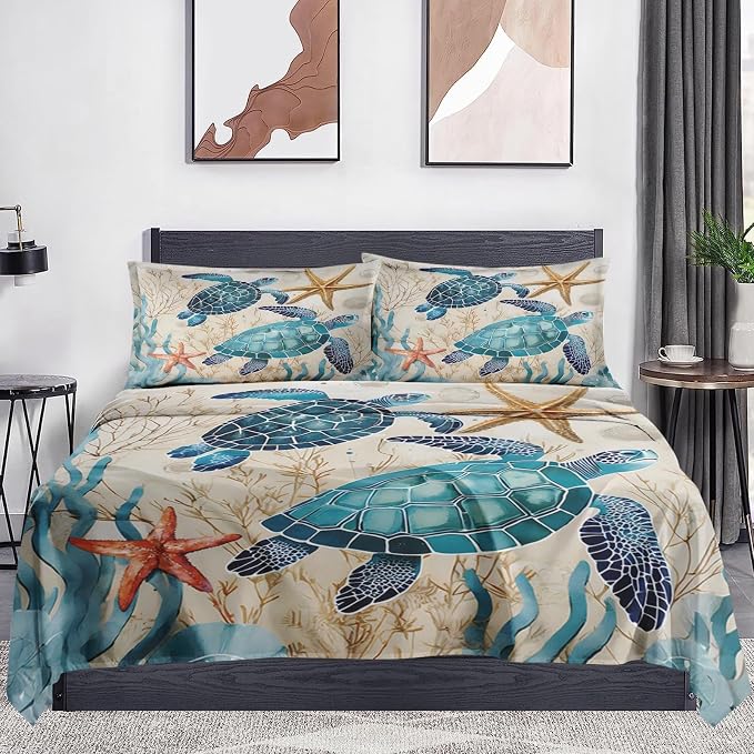 WeCozy Queen Size Bed Sheet Sets with Pillowcases, Ocean Coral Sea Turtle 4 Pcs Soft Microfiber Bedding for Kids and Adults, Blue Shell Animal Flat, Fitted Sheet for Bedroom Bed Decor - Image 2