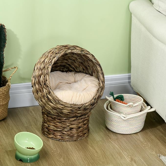PawHut Handwoven Elevated Cat Bed with Soft Cushion & Egg Chair Shape, Basket Bed Kitty House with Stand, Raised Wicker House for Indoor Cats, 20" H, Gray | Soft Cushion & Egg Chair Shape, Basket Bed Kitty House with Stand, Raised Wicker House - Image 8