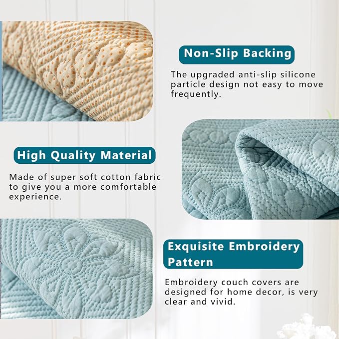 KRFOONN Cotton Quilted Dog Couch Cover for Sofa (Blue, 35.4" x 70.9") | Farmhouse Embroidery Sectional Couch Cover Washable, Soft Non Slip Sofa Slipcover Cushion Furniture Protector for Kids, Pets - Image 3