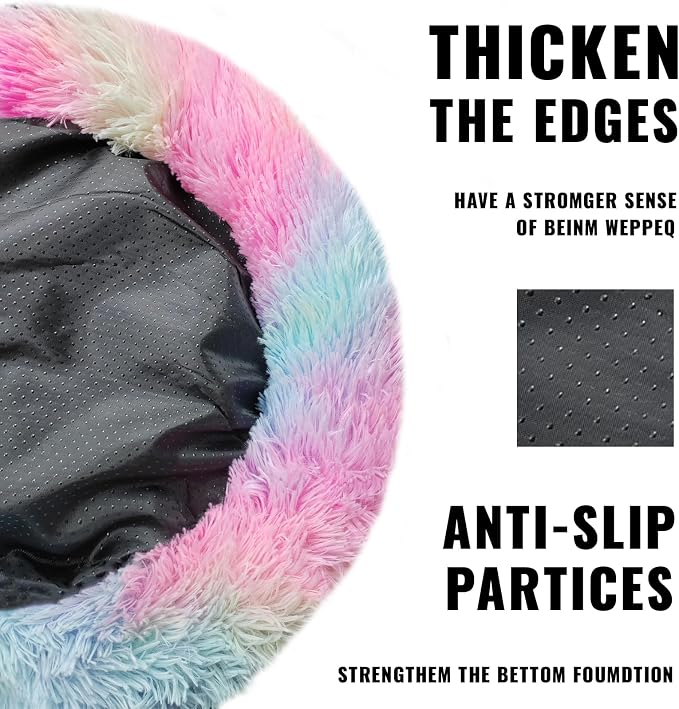 ShinHye Cat Bed Round Plush Fluffy Hooded Cat Bed Cave, Cozy for Indoor Cats or Small Dog beds, Soothing Pet Beds Doughnut Calm Anti-nxiety Dog Bed - Waterproof Bottom Washable (23×23inch, Multicolor) - Image 3