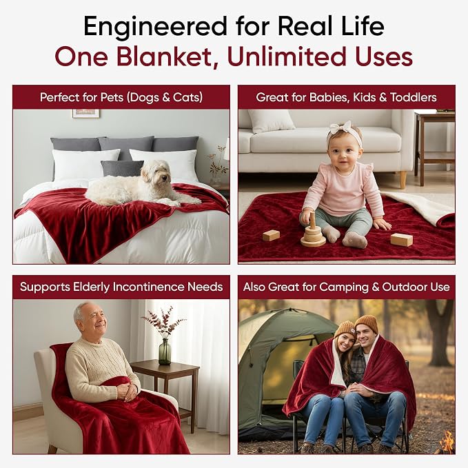 Waterproof Blanket for Bed, Couch & Sofa, Reversible Sherpa & Flannel Throw Blanket, Leakproof Soft Washable Furniture Protector for Pets & Home (Red, 40"x60") - Image 5
