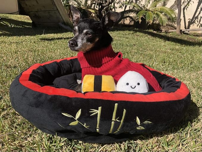 TONBO Soft Plush Small Cute and Cozy Sushi Dog Cat Bed with Two Sushi Crinkle Toys, Washer and Dryer Friendly, (Black) - Image 2