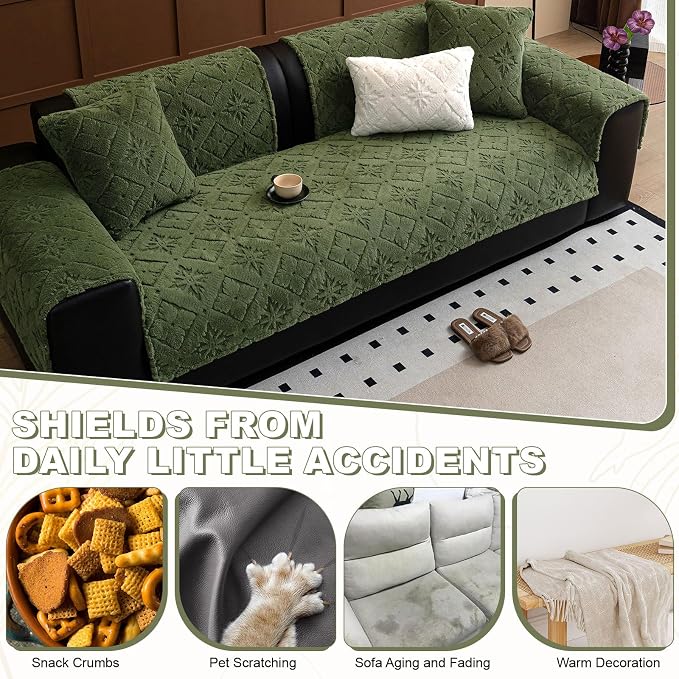 STACYPIK Fuzzy Plush Washable Dog Couch Cover, Boho Geometric Green Sofa Dog Bed Protector Living Room, Anti-Scratch Anti-Slip Armrest Headrest, Jacquard Pet Protector for 2 Cushion Couch-27.6X59.1IN - Image 5
