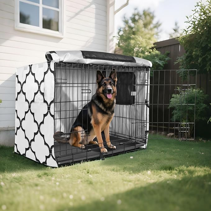 Dog Crate Cover Kennel Cover for Dog Cages Breathable for Wire Cage Indoor Outdoor White Geometric Quatrefoil - Image 8
