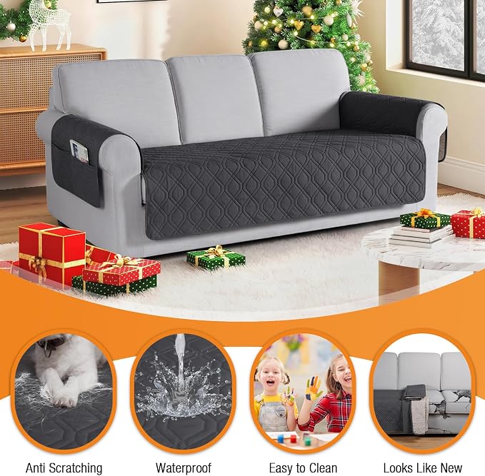 VANSOFY Waterproof Couch Cover for Pets, Charcoal Gray, 72.4" | Non-Slip, Washable, Utility Pockets, Pet Friendly, Furniture Protector Slipcover for 3 Cushion Plus Couch - Image 4