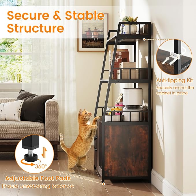 PETSITE Cat Litter Box Enclosure with Storage Shelves, 52 Inches Tall Hidden Litter Box with Charging Station, Scratching Board, and Winding Entry (Rustic Brown) - Image 9
