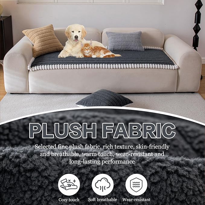DREAMINGO Non Slip Couch Cover for Dogs Fuzzy Pet Sofa Covers Washable Thick Plush Sofa Slipcover Striped Texture Dark Grey Cushion Protector Dog Cat Bed Mat 27.6x59.1 Inch - Image 2