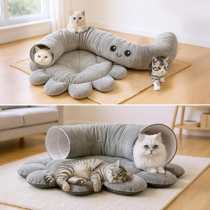 Cat Tunnel Bed for Indoor Cats, Peekaboo Cat Cave Bed with 20 Pcs Cat Toys, Soft Cat Donut Tunnel for Kitten Large Cats, Grey Octopus - Image 8
