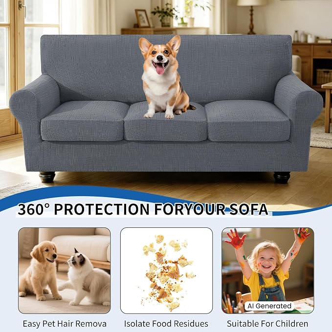 4 Piece Stretch Sofa Covers for 3 Cushion Couch, Non Slip Couch Covers for Sofa, Pet Couch Cover Washable, Couch Slipcover for Dogs, Kids (Light Gray), 91"-110" (3 Cushion XL Sofa) - Image 5