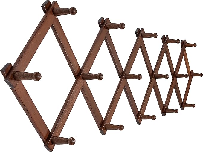 SKOLOO Accordion Wall Hanger with 16 Hooks, Modern Expandable Coat Rack Hat Rack for Wall, Solid Wooden, Walnut Color by SKOLOO