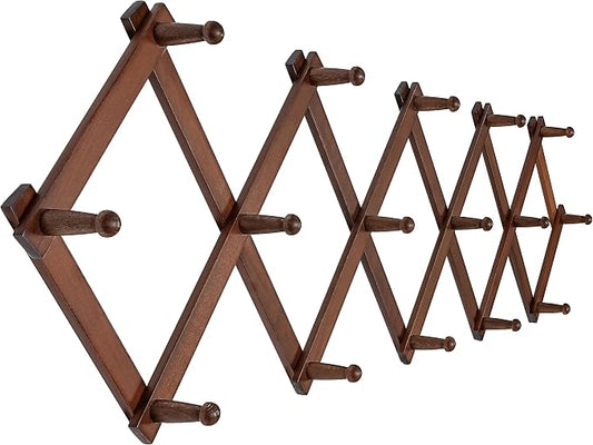 SKOLOO Accordion Wall Hanger with 16 Hooks, Modern Expandable Coat Rack Hat Rack for Wall, Solid Wooden, Walnut Color by SKOLOO