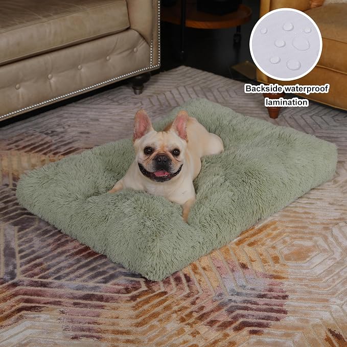 Bedfolks Waterproof Crate Bed, Plush Pad With Removable Cover, Faux Fur for Medium Dogs, Fluffy Washable Kennel 29"x21", Sage Green - Image 2