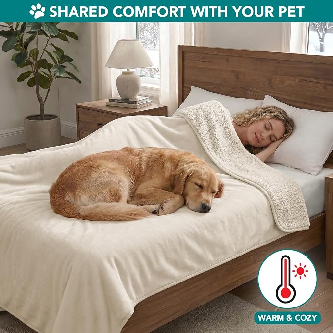PETAMI Sherpa Fleece Waterproof CAT and Dog Blanket, Beige, Queen - Image 4