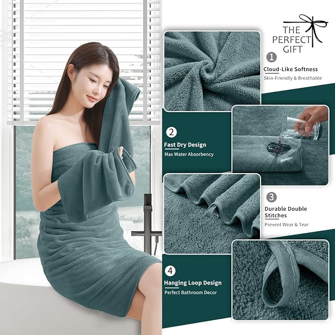Extra Large Bath Sheet 4 Piece (35"x70")-Ultra Soft Oversized Bath Towel,Bath Sheet Set for Bathroom Hotel,Highly Absorbent Quick Dry Shower Towel Set for Adults,Bathroom Towel-Pine Green - Image 2