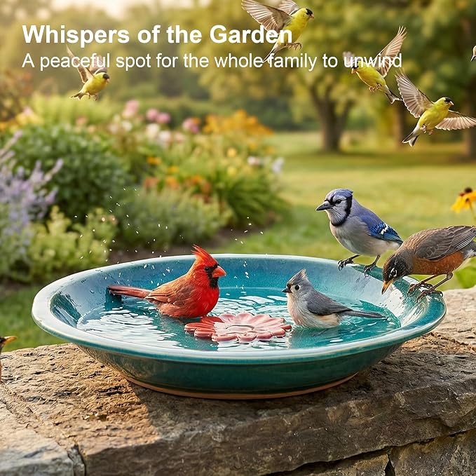 Topadorn 12.2'' Ceramic Birdbath & Birdfeeder for Small Birds Outdoors | 2" Depth Bird Bath Bowl For Vintage Garden Patio Yard Lawn Decor, Blue with Red Flower - Image 6