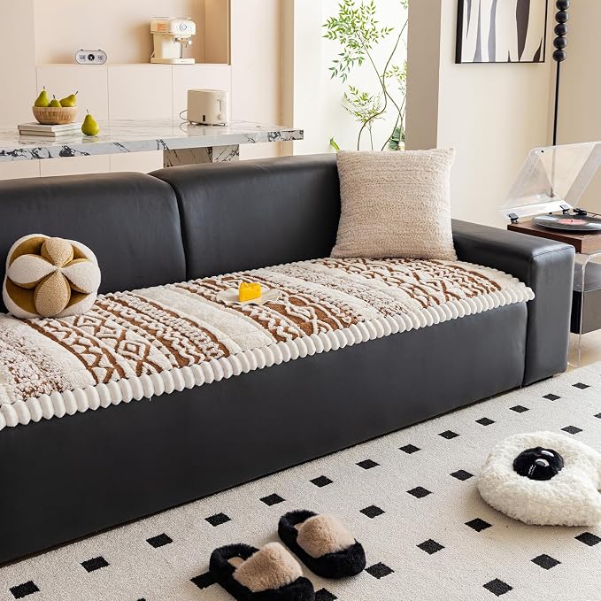 VClife Boho Couch Cover, Soft Fuzzy Couch Covers for Dog, Non-Slip Furniture Protector, Washable Durable Sofa Covers for Couch/Bench, Tribal White Pumpkin Geometric Slipcover, 27.6" x 82.7" - Image 8