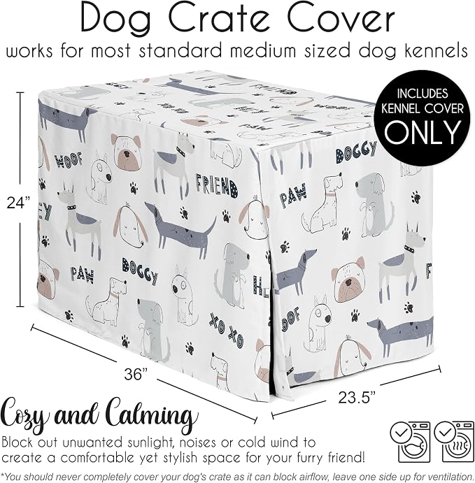 Sweet Jojo Designs 36in. Medium Dog Crate Cover (Cartoon Puppy Print) Pet Cage, Kennel Covers (Neutral, Modern, Bulldog, Wiener Doggy, Paws, Whimsical, Playful, Woof, Dachshund, Blue, Taupe, Grey) - Image 5
