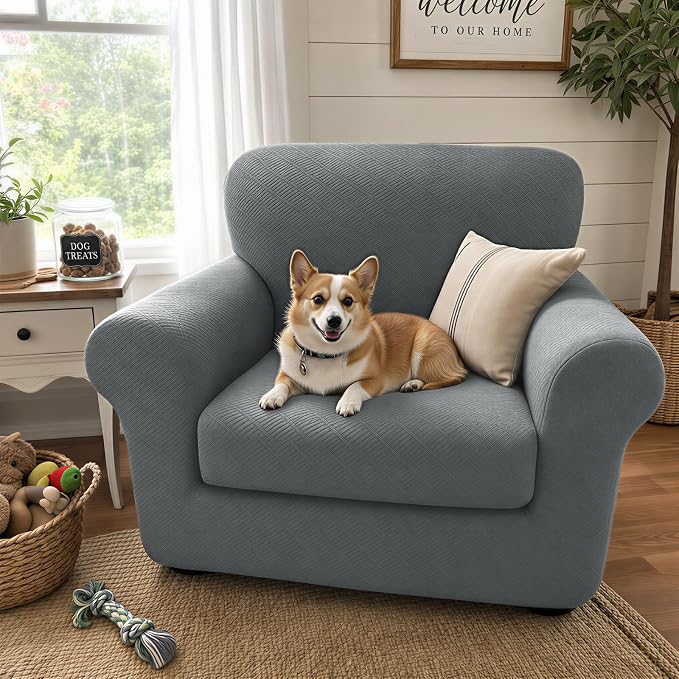 XINEAGE 2026 New 2 Pieces Chair Covers with Arms Super Stretch Chair Slipcover for Living Room Pet Dog Universal Slip Cover Anti Slip Armchair Furniture Protector (Light Gray), 31"-46"(1 Cushion) - Image 3