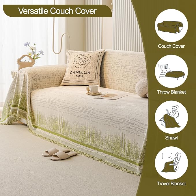 ROOMLIFE Green Boho Couch Cover for 3 Cushion Couch, Soft Chenille Couch Cover Blanket Washable, Furniture Sofa Dog Cover Protector, Non-Slip Sofa Slipcover for Living Room with Tassels 71'' X134'' - Image 4