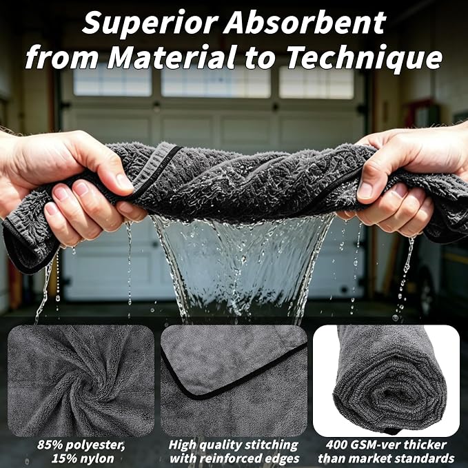 20 Pack Microfiber Towels for Cars, 24" x 16" Dual-Sided Car Drying Towel | 400 GSM Highly Absorbent, Lint-Free Microfiber Cleaning Cloths for Scratch-Free Drying, Detailing, Buffing, Polishing Cars - Image 4