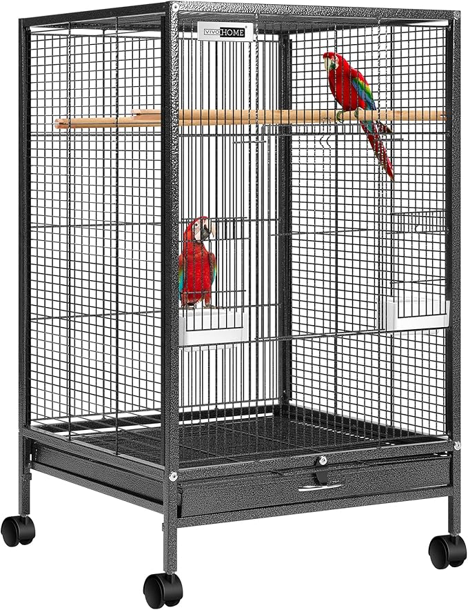 VIVOHOME Wrought Iron Bird Cage with Rolling Stand, 30 Inch Height | Standing Bird Flight Cage with Casters, Slide-out Tray for Parakeets Cockatiels Lovebirds Canaries Finches Conures, Black by VIVOHOME