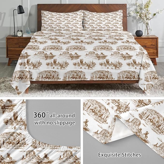 WeCozy Full Size Bed Sheet Sets with Pillowcases, American Desert Cowboy 4 Pcs Soft Microfiber Bedding for Kids and Adults, Western Country Flat, Fitted Sheet for Bedroom Bed Decor - Image 5