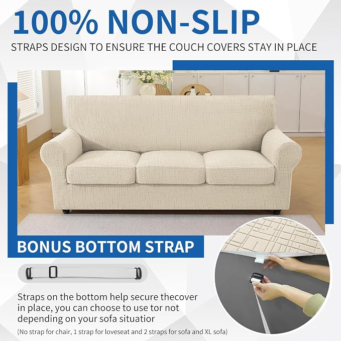 4 Piece Stretch Sofa Covers for 3 Cushion Couch, Non Slip Couch Covers for Sofa, Pet Couch Cover Washable, Couch Slipcover for Dogs, Kids (Beige), 91"-110" (3 Cushion XL Sofa) - Image 7