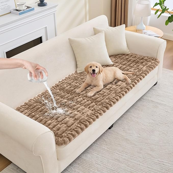 Waterproof Dog Couch Cover, Non Slip Pet Sofa Protector, Thick Fuzzy Couch Cover for Dogs, Machine Washable Furniture Protector, Scratch Resistant Pet Couch Mat(Leather color, 28" x 59"/70 x 150cm) by Taque