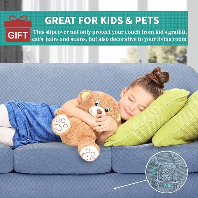 YEMYHOM Latest Checkered 4 Pieces Couch Covers for 3 Cushion Couch High Stretch Thickened Sofa Cover for Dogs Pets Elastic Slipcovers Living Room Furniture Protector (Light Blue), 71"-91"(3 Cushions) - Image 3